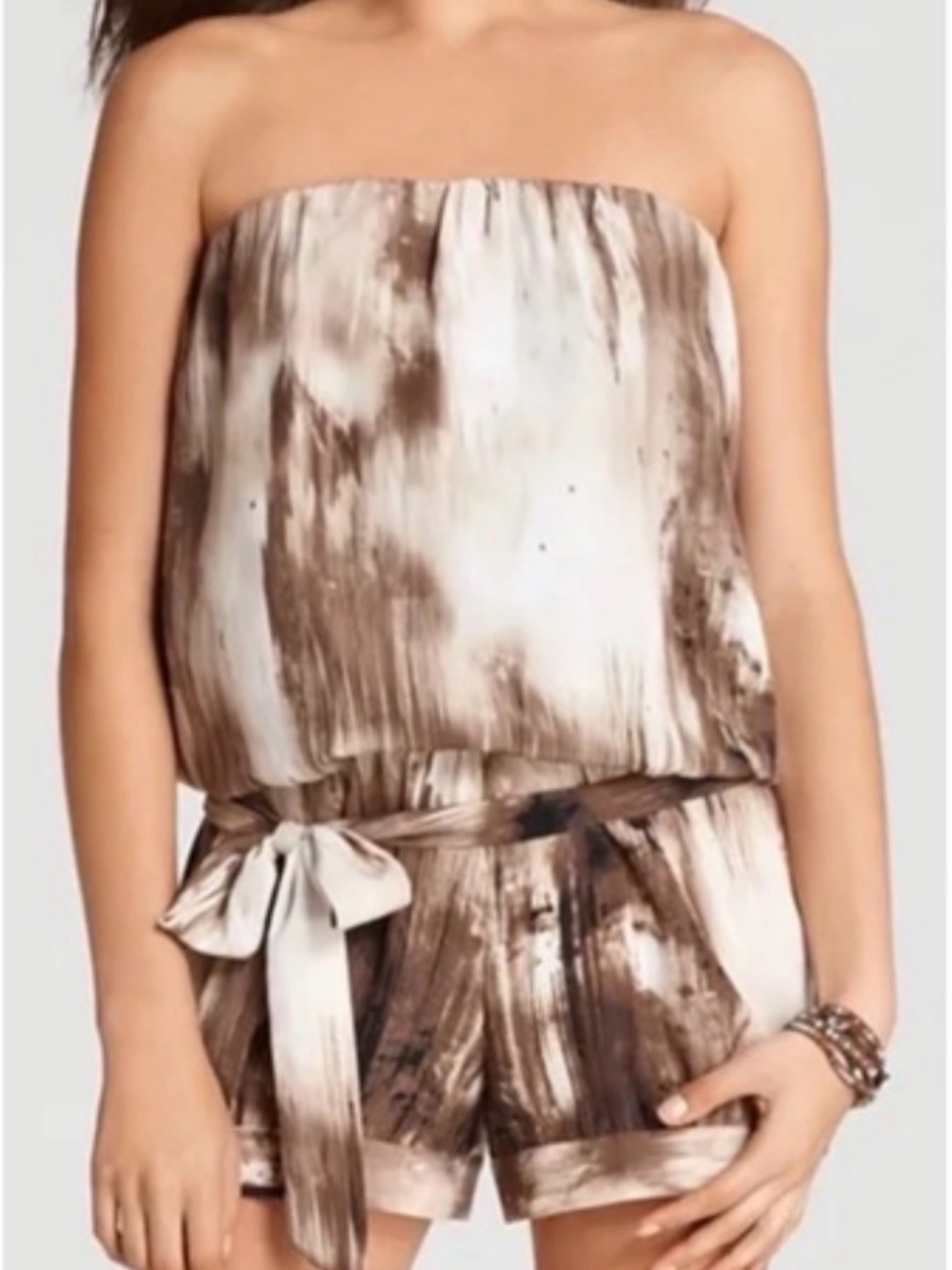GUESS Strapless Satin Abstract Print Romper Jumpsuit Brown Cream Size S